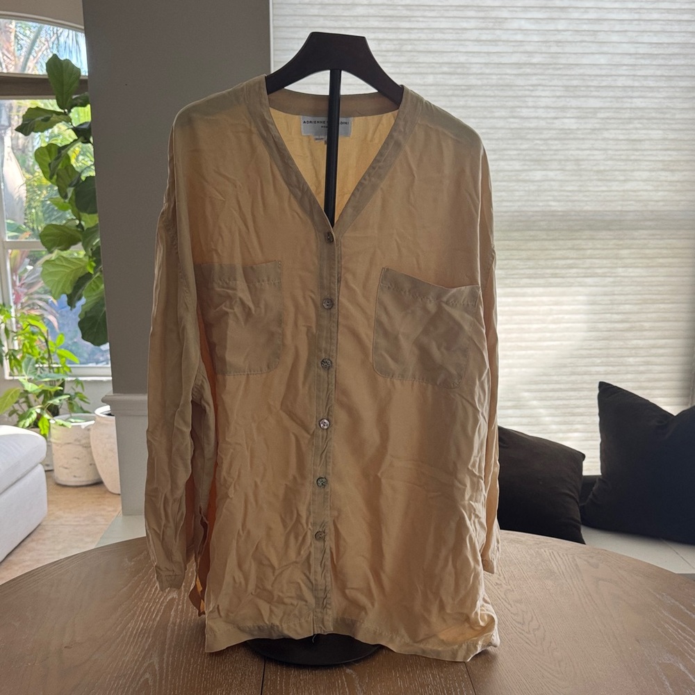Adrienne Vittadini Tan Button Down Shirt Silk
